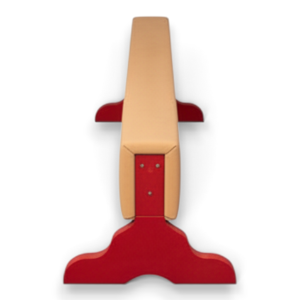 UK Gym Pits low training balance beam with a beige padded anti-slip surface and sturdy red timber legs