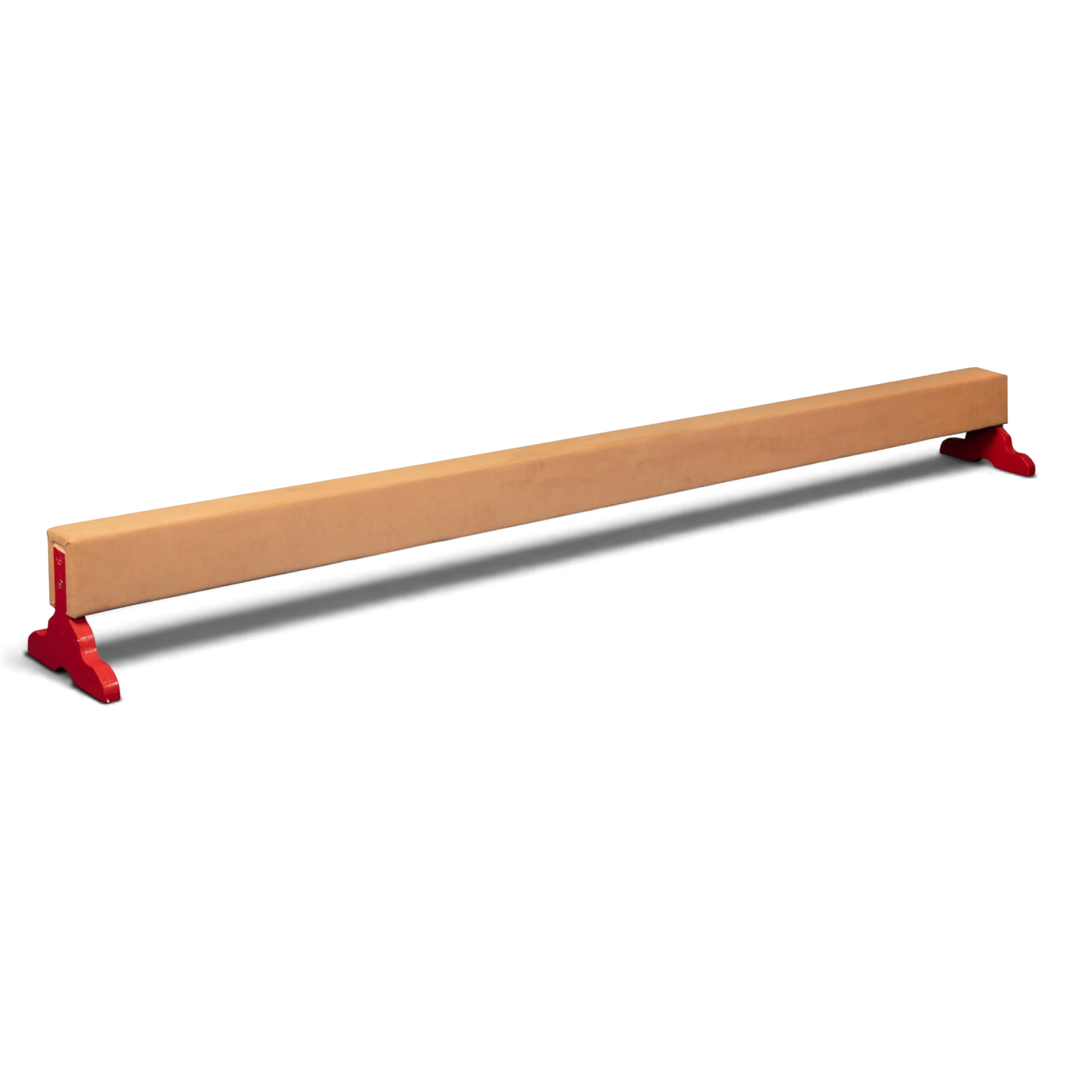 UK Gym Pits low training balance beam with tan padded anti-slip surface and bright red stable support feet