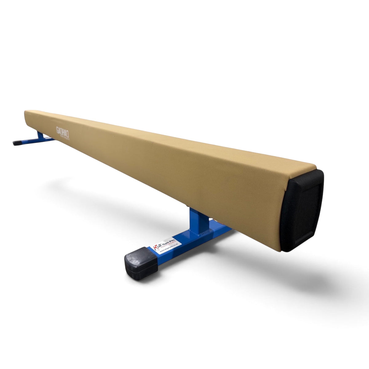 UK Gym Pits low training gymnastics beam with tan padded PU leather surface and blue reinforced steel frame