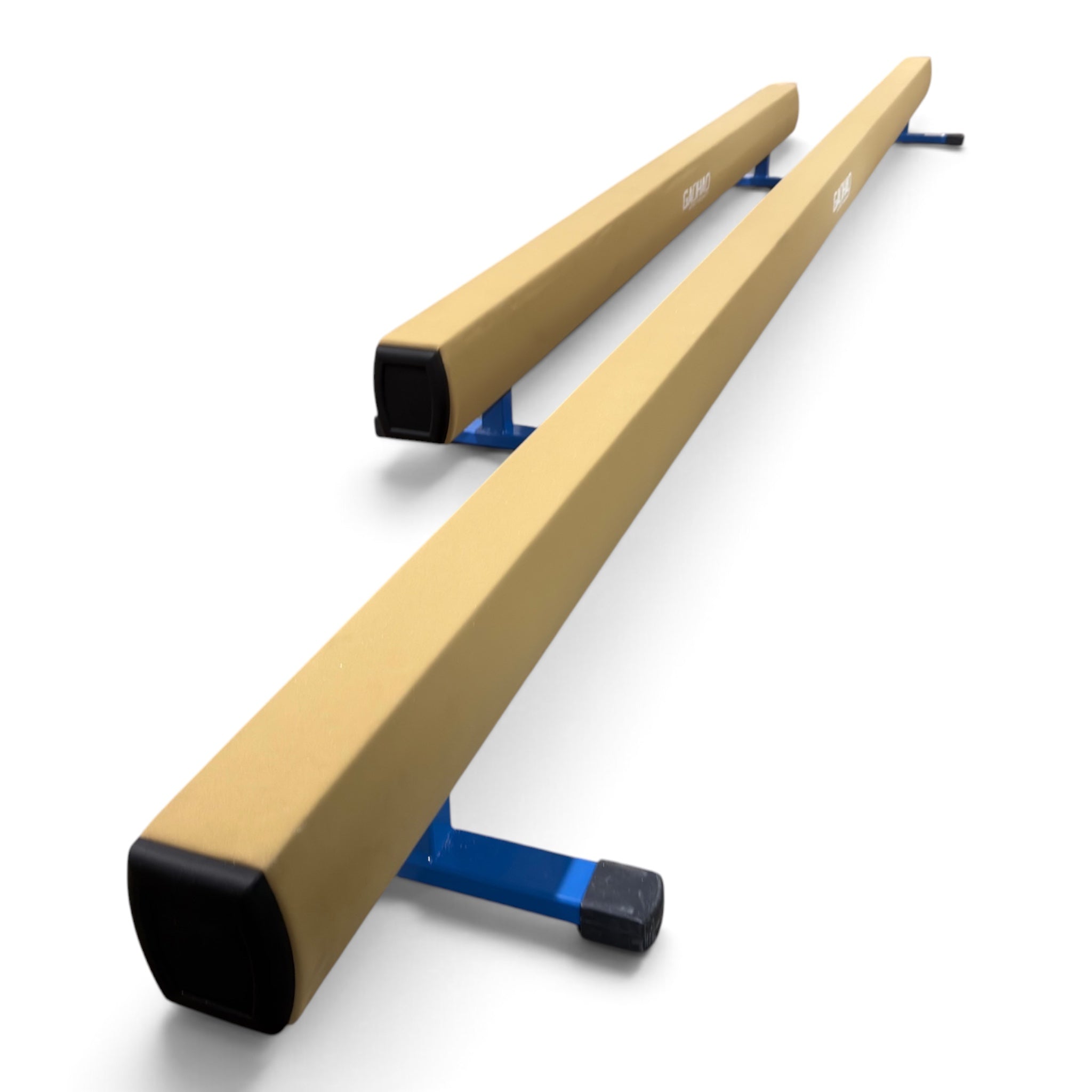 UK Gym Pits low training gymnastics beam with tan PU leather surface and blue reinforced steel support legs