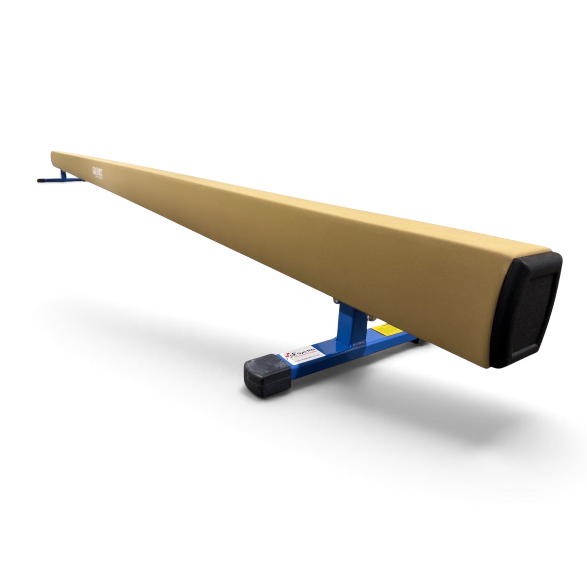 UK Gym Pits low training gymnastics beam with tan PU leather surface and blue reinforced steel frame on white background