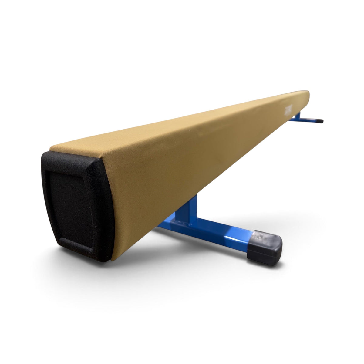 UK Gym Pits low gymnastics training beam with tan padded PU leather surface and blue reinforced steel legs