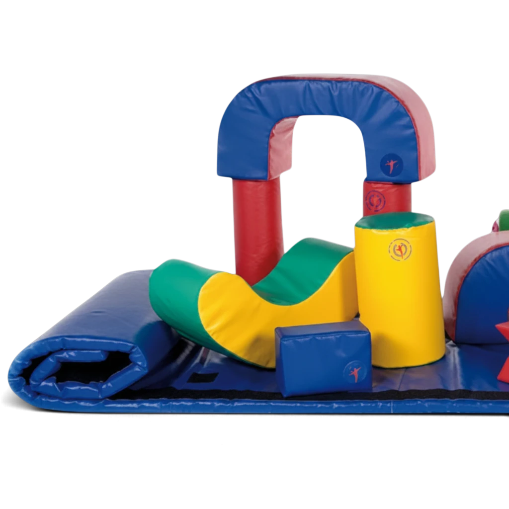 UK Gym Pits Magic Carpet Roll with colorful soft play shapes and Velcro attachments for children's gymnastics