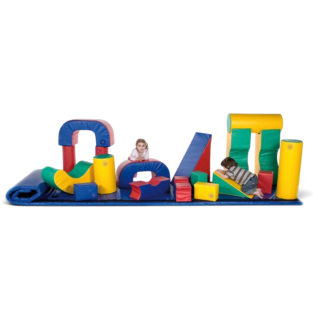 UK Gym Pits Magic Carpet Roll with children playing on colorful soft play shapes in a gymnastics setting