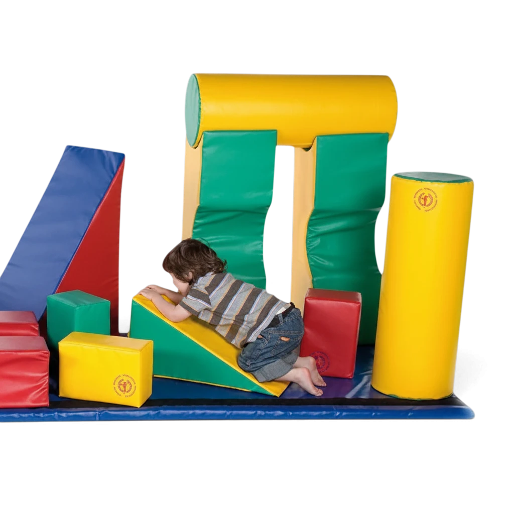 A child playing on a UK Gym Pits Magic Carpet Roll with colorful soft play shapes in a gymnastics setting.