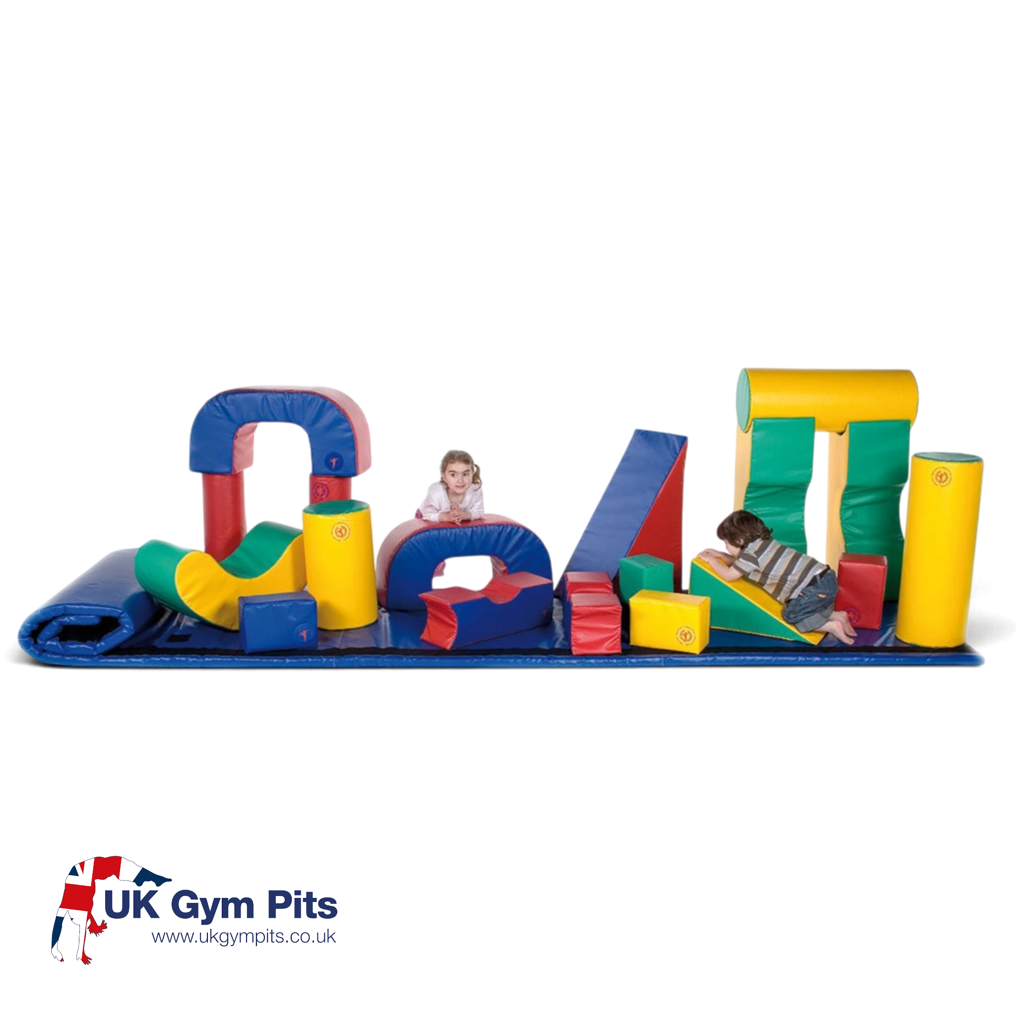 UK Gym Pits 19-piece Magic Carpet soft play set with colourful foam shapes for children to build and climb on.