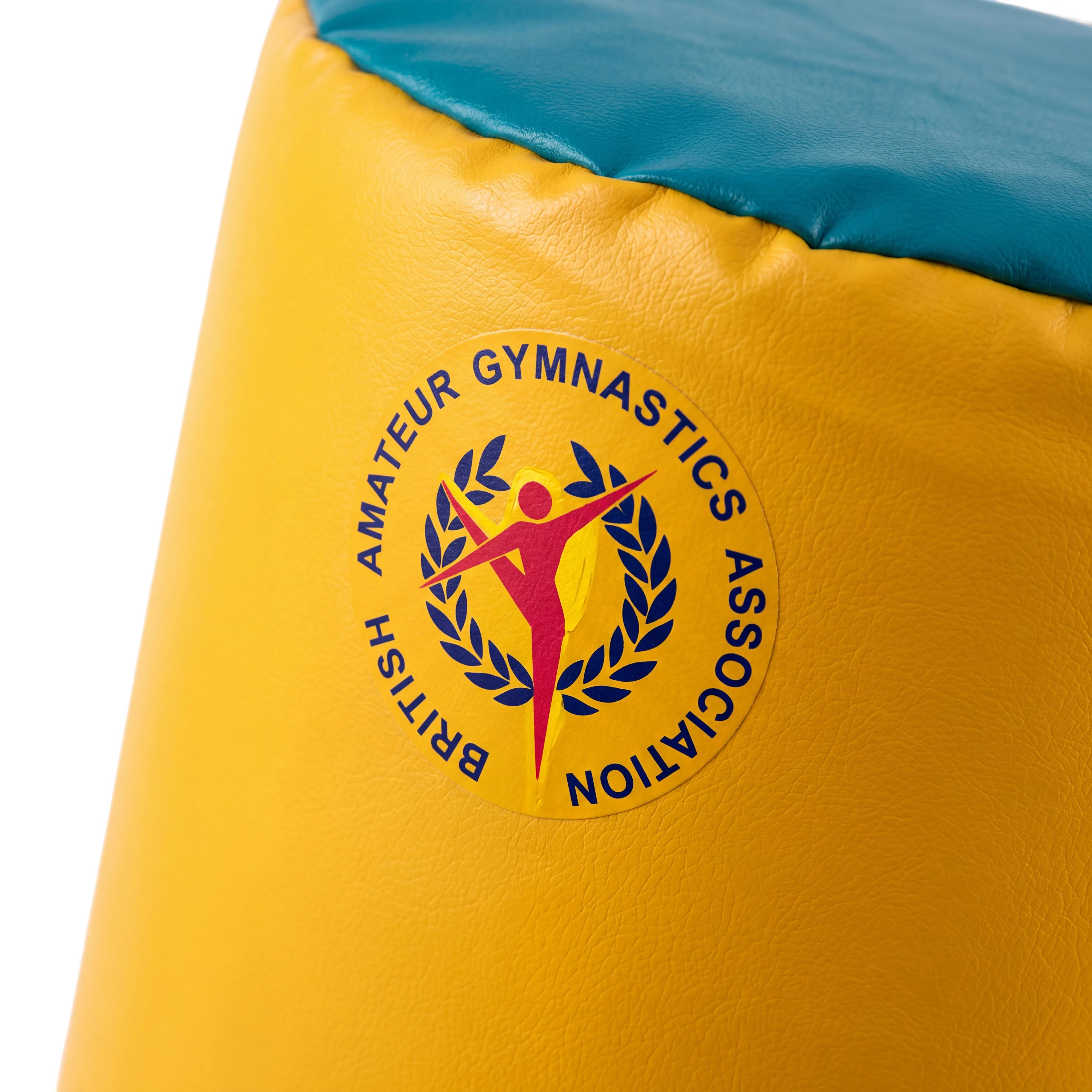UK Gym Pits medium soft play rod in yellow vinyl with blue end, featuring a British Gymnastics endorsement logo.