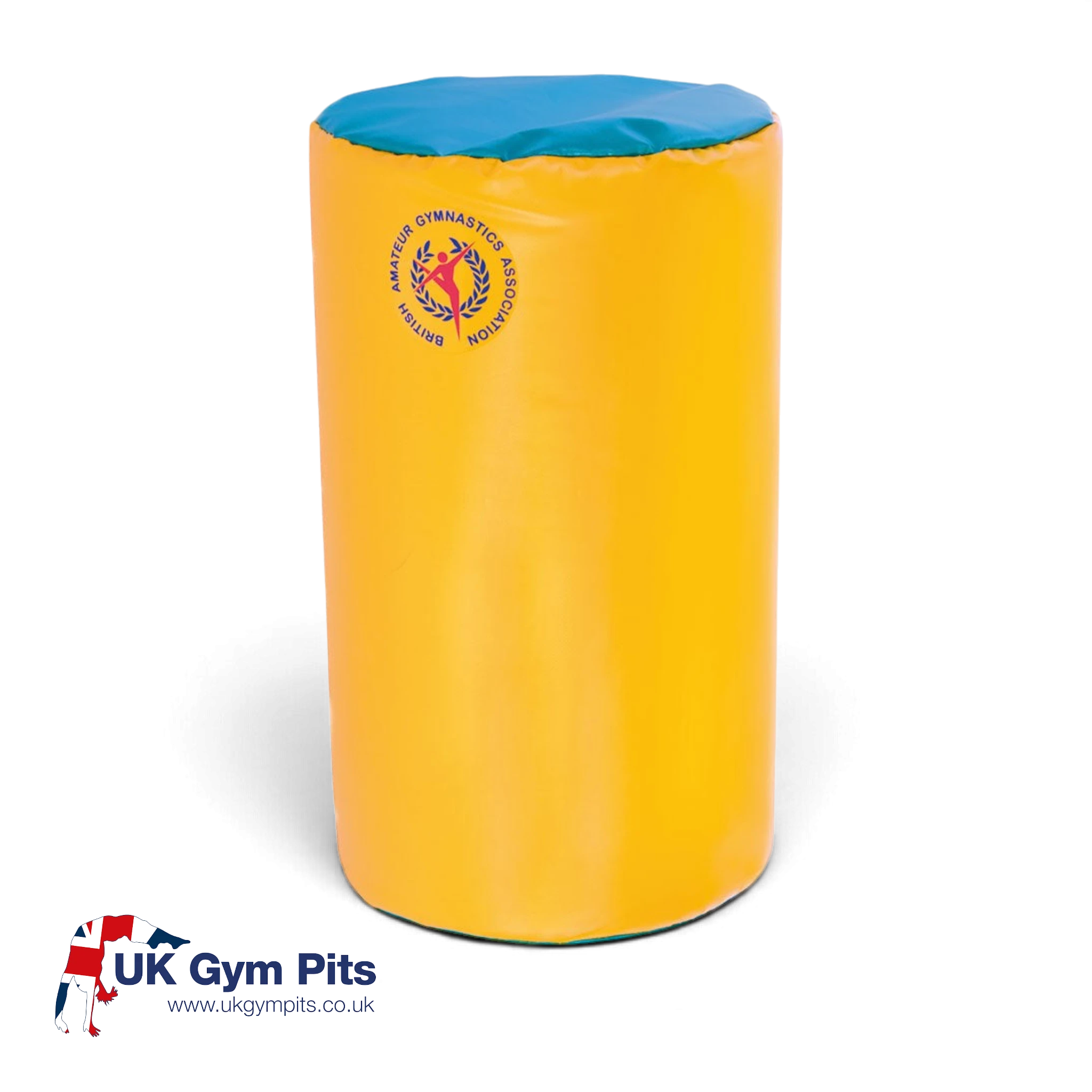 UK Gym Pits Jump for Joy Frolic medium soft play rod in yellow with blue ends and British Gymnastics logo