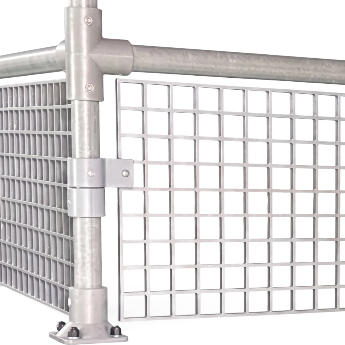UK Gym Pits grey mesh safety panel connector attached to a vertical upright post for a gym podium handrail system.