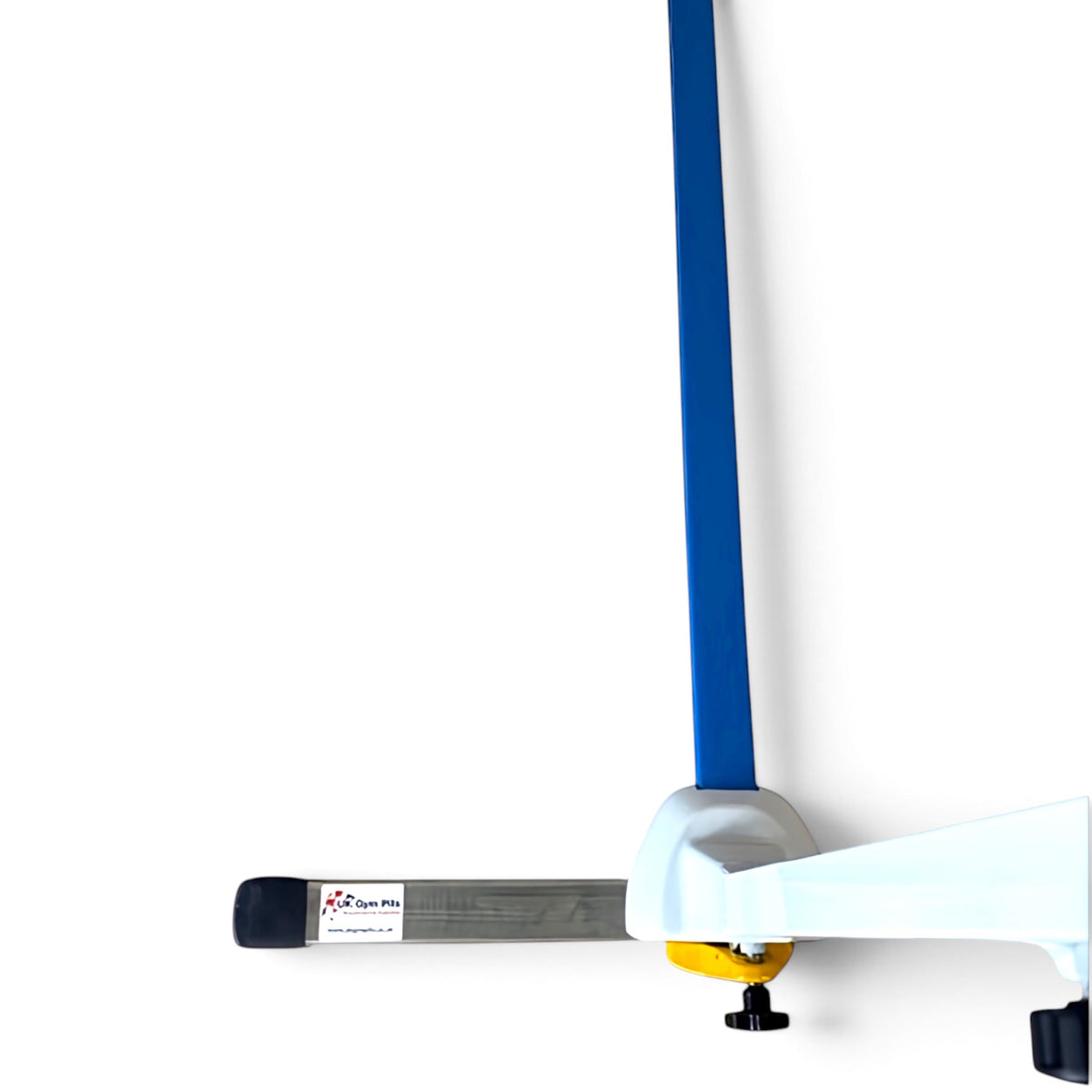 UK Gym Pits mini asymmetric gymnastics bars with blue rail and white steel frame, showing adjustable base and feet.