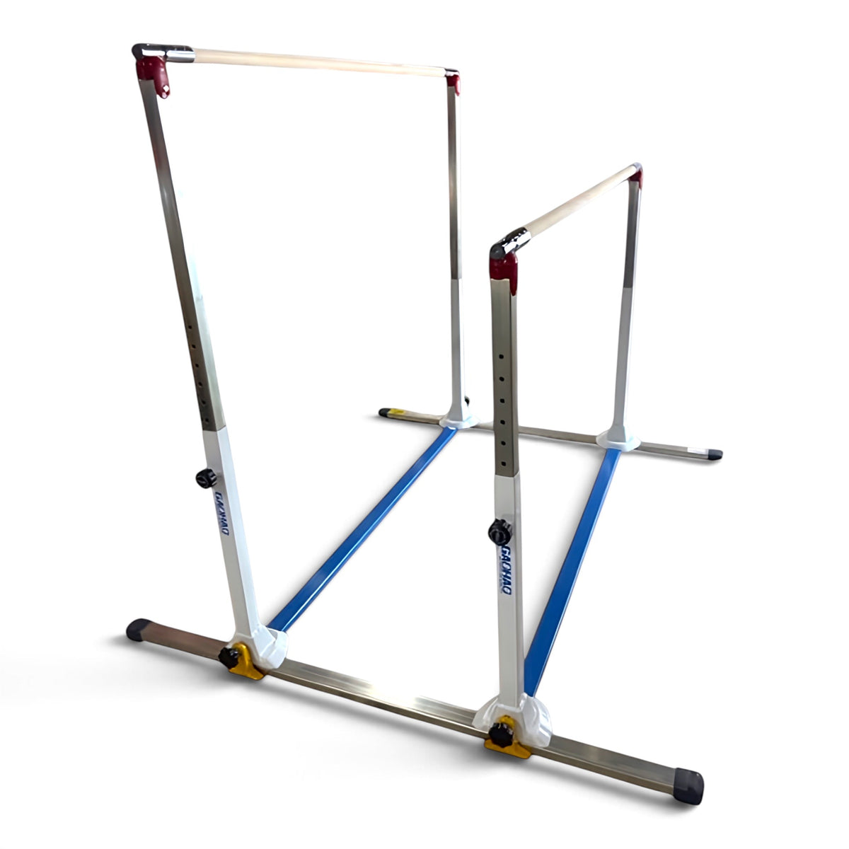 UK Gym Pits Gaofei mini asymmetric gymnastics bars with adjustable steel frame and wooden rails for home training.