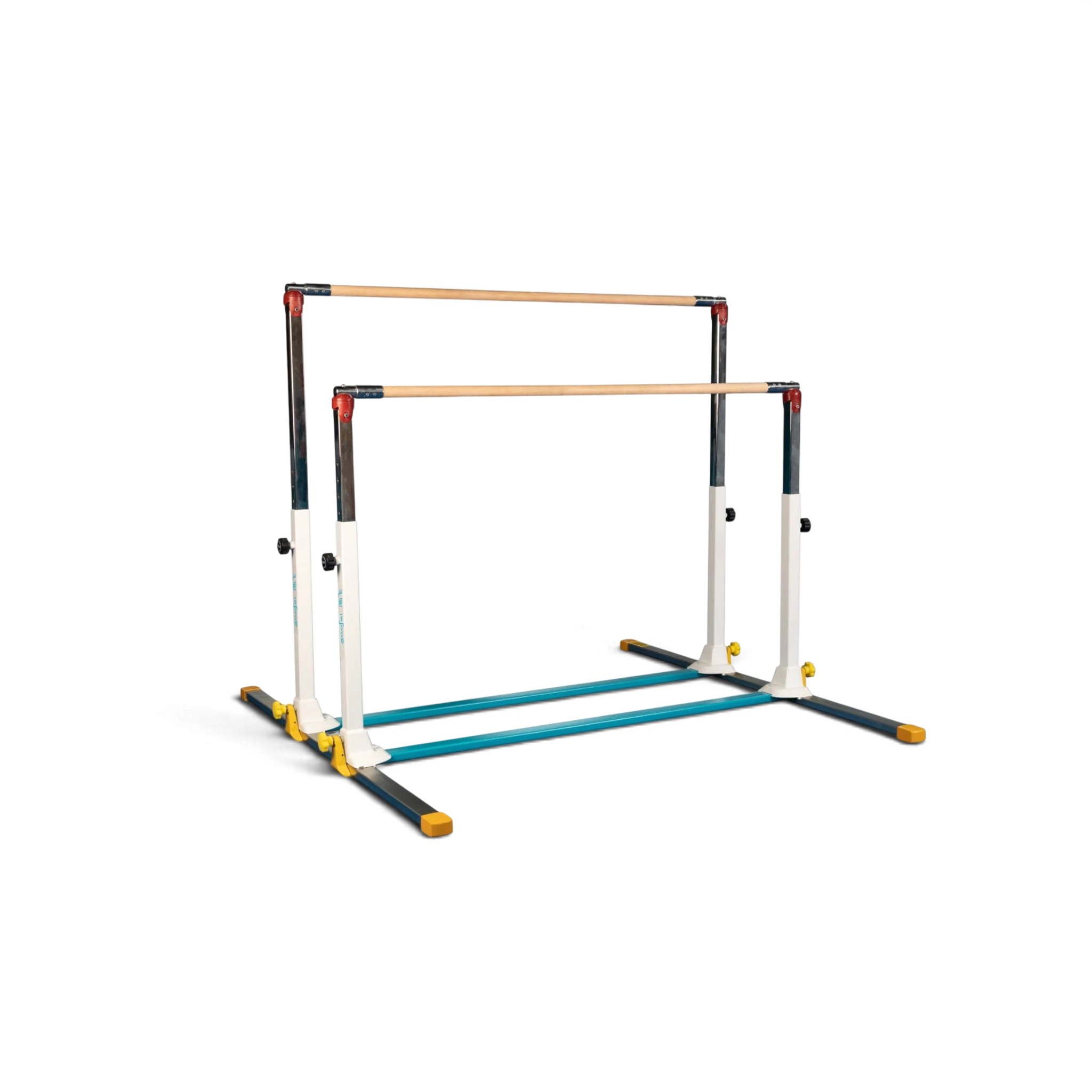 UK Gym Pits mini asymmetric gymnastics bars with adjustable steel frame and wooden rails for home or club training.