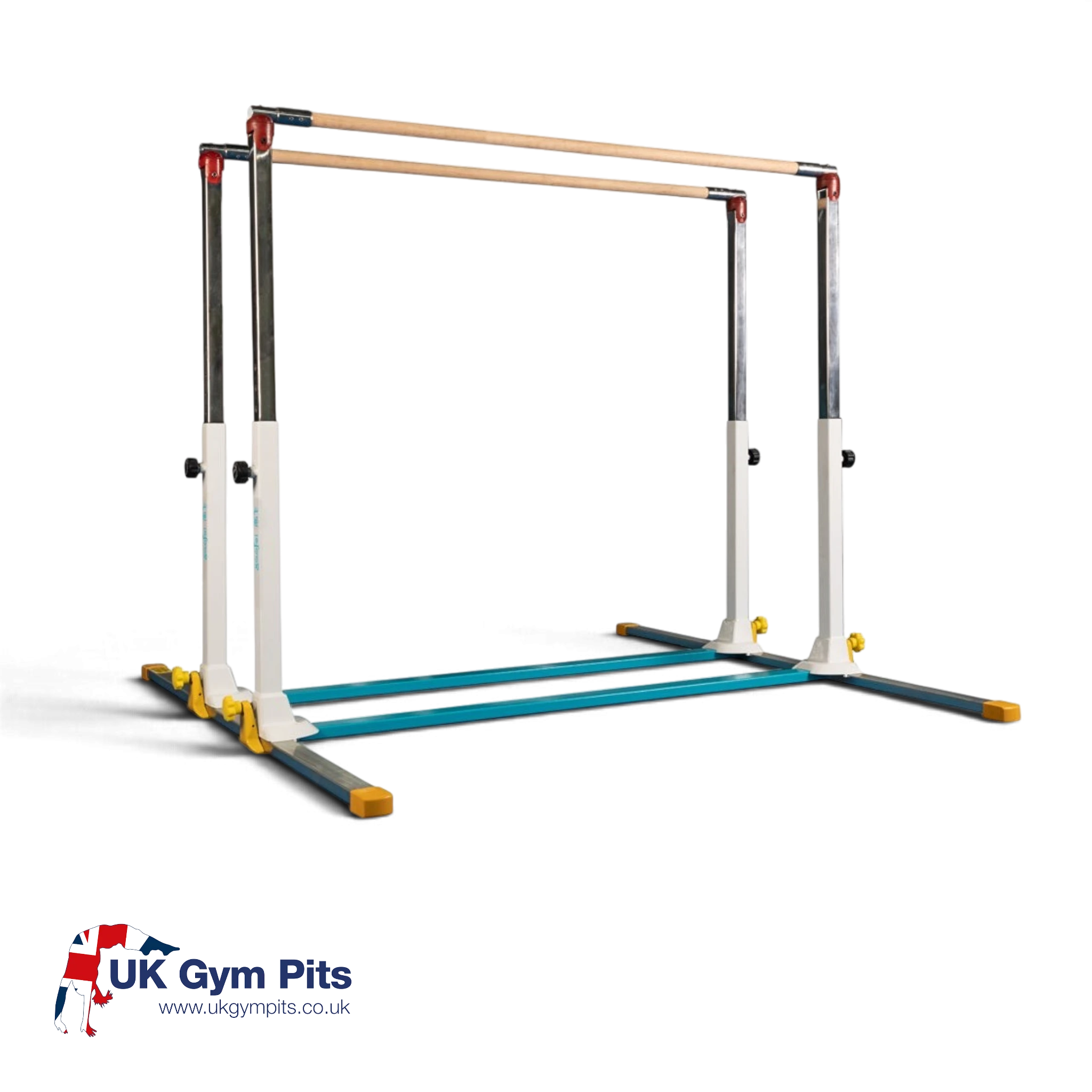 UK Gym Pits mini parallel bars for children with adjustable steel frame and wooden rails on a black background