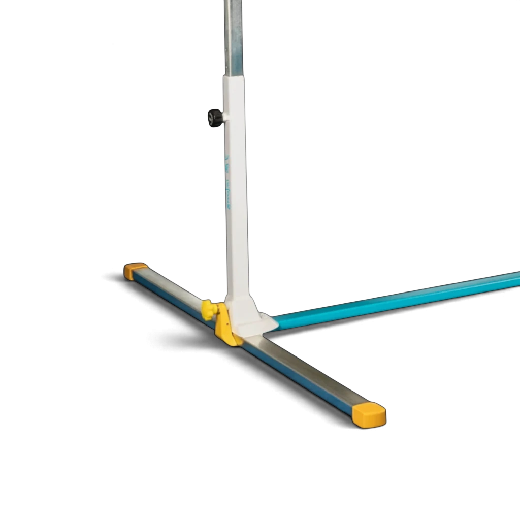 UK Gym Pits mini ring frame base with white adjustable steel upright, blue support bars, and yellow anti-slip feet.