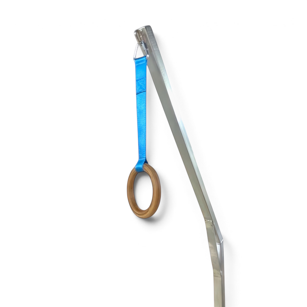 UK Gym Pits Gaofei mini ring frame for children with a brown wooden gymnastic ring and blue strap on a steel stand