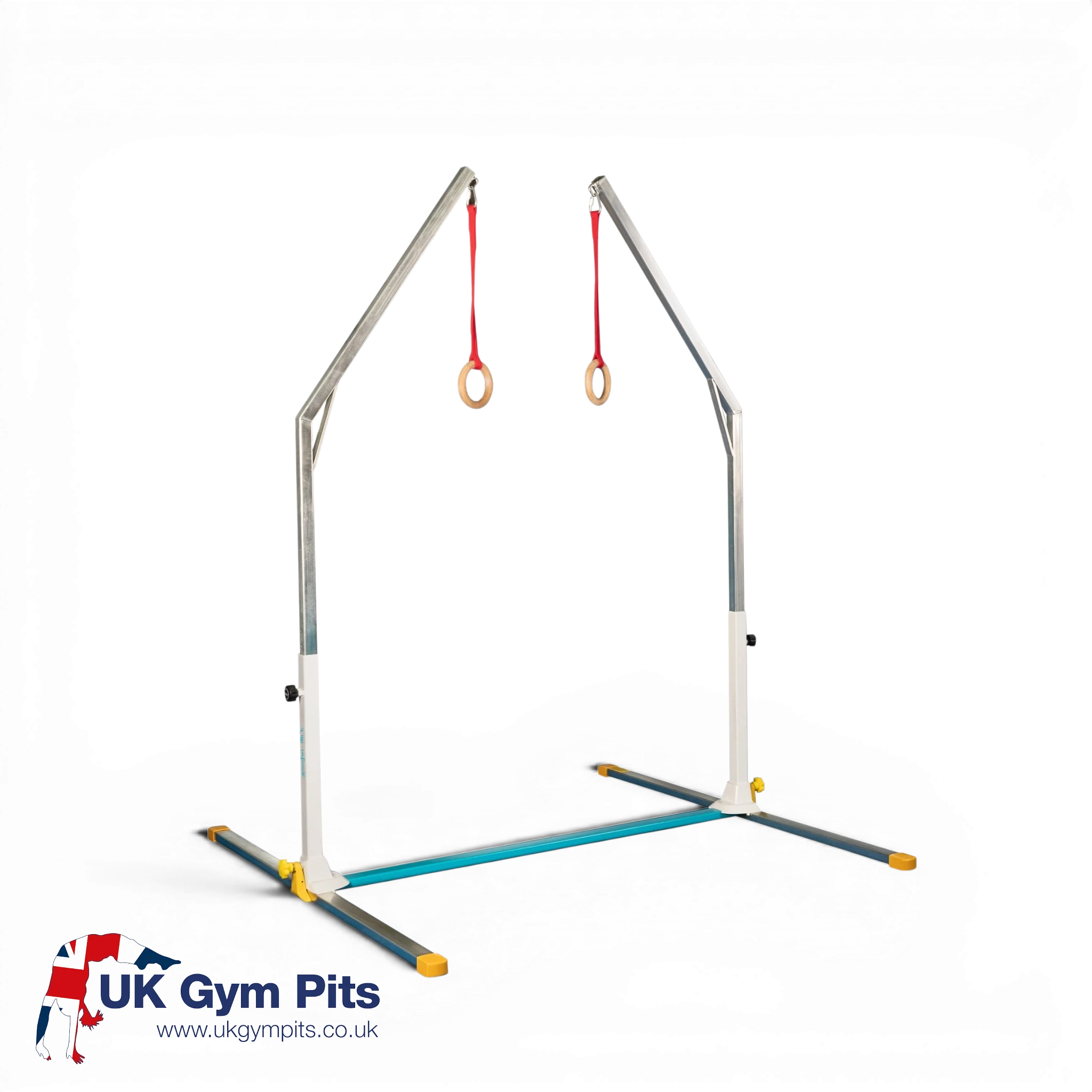 UK Gym Pits mini ring frame for children with adjustable height, powder-coated steel, and red gymnastic rings.