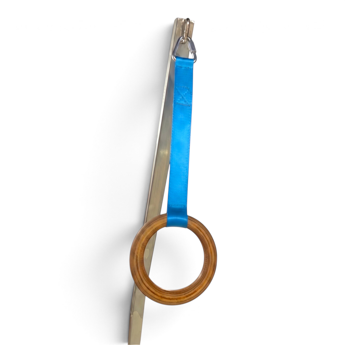 UK Gym Pits mini ring frame featuring a wooden gymnastics ring suspended by a bright blue strap against a steel bar