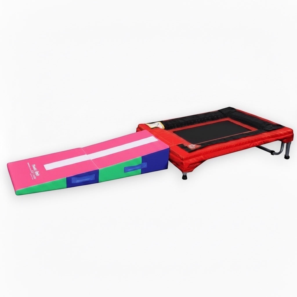 UK Gym Pits mini trak and folding ramp package for gymnastics training with a red mini trampoline and colorful mat