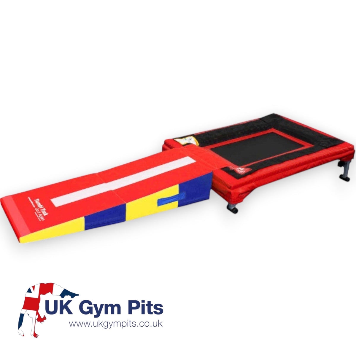 UK Gym Pits mini trak and folding ramp set for gymnastics training with red, blue, and yellow vinyl surfaces.