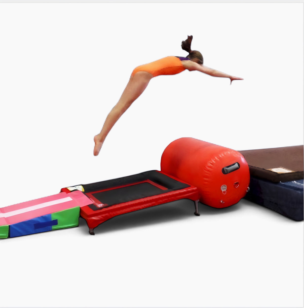 UK Gym Pits Mini Trak vault trainer with red pads and black bed, featuring a gymnast performing a jump