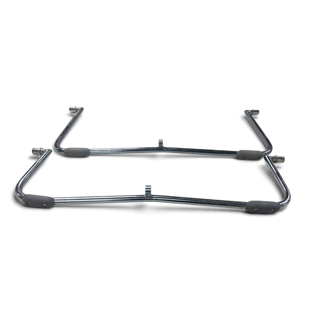 UK Gym Pits replacement metal mini tramp leg sections with non-marking grey floor guards on a black background