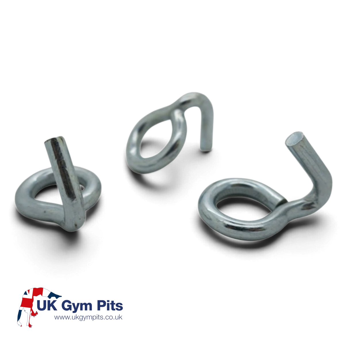 UK Gym Pits silver metal Q hooks for mini trampoline elastic cables, shown individually against a black background.