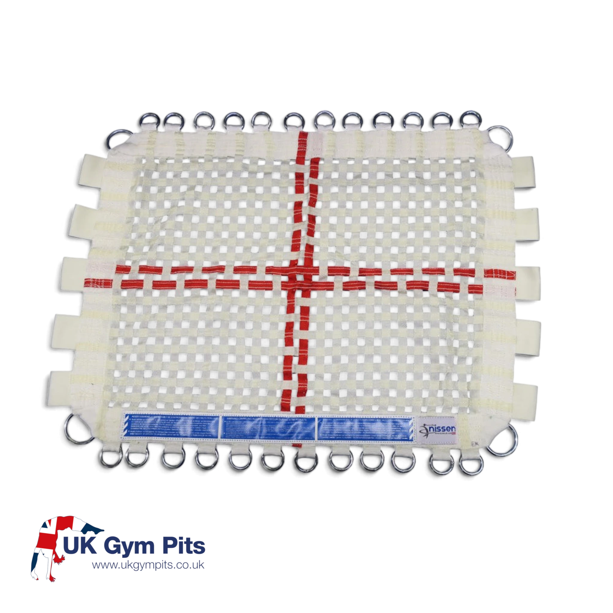 UK Gym Pits open ended mini trampoline replacement web bed with white mesh, red cross markings, and zinc plated rings.