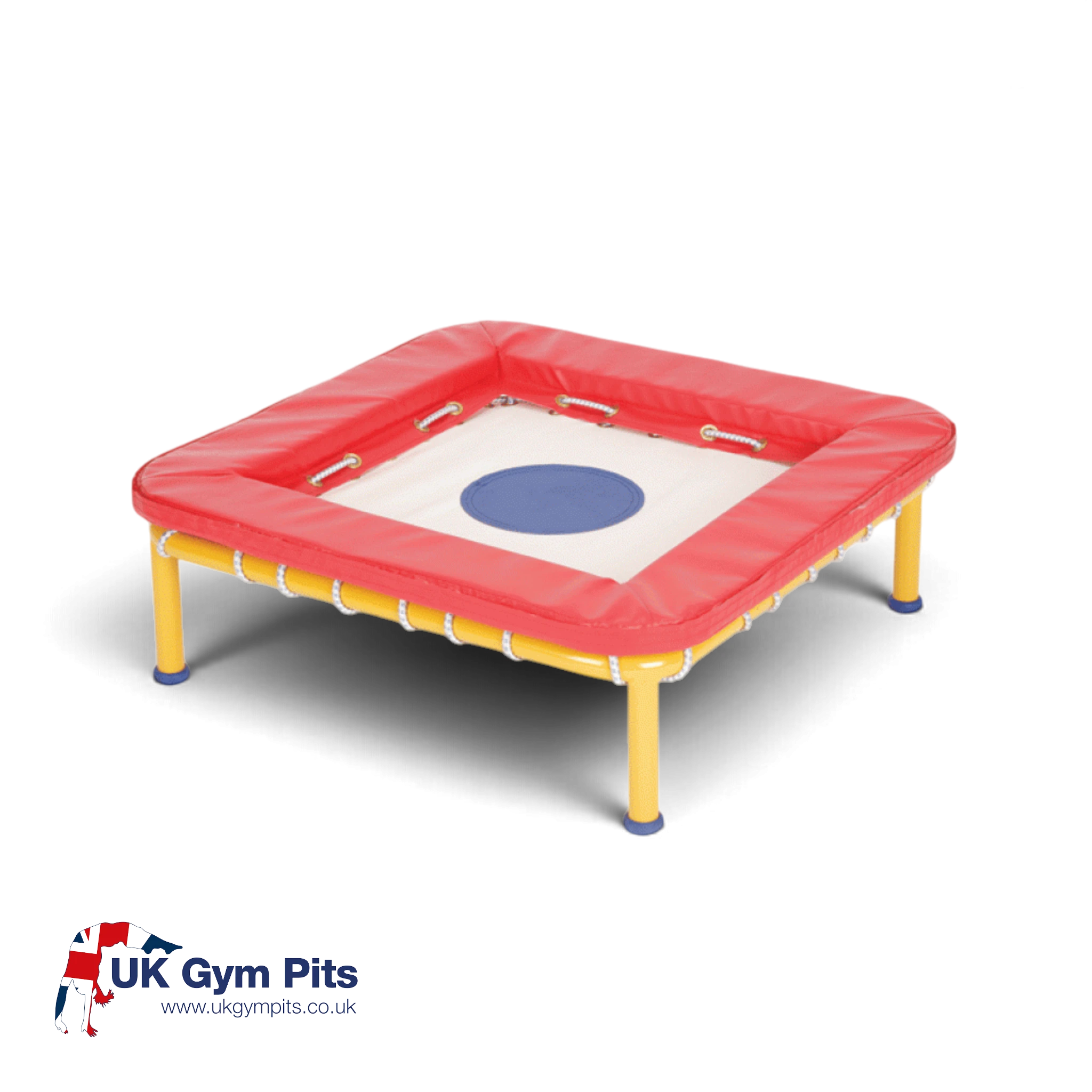 UK Gym Pits Activ Bounce mini trampette with a white bed, blue center, red foam padding, and yellow steel frame.