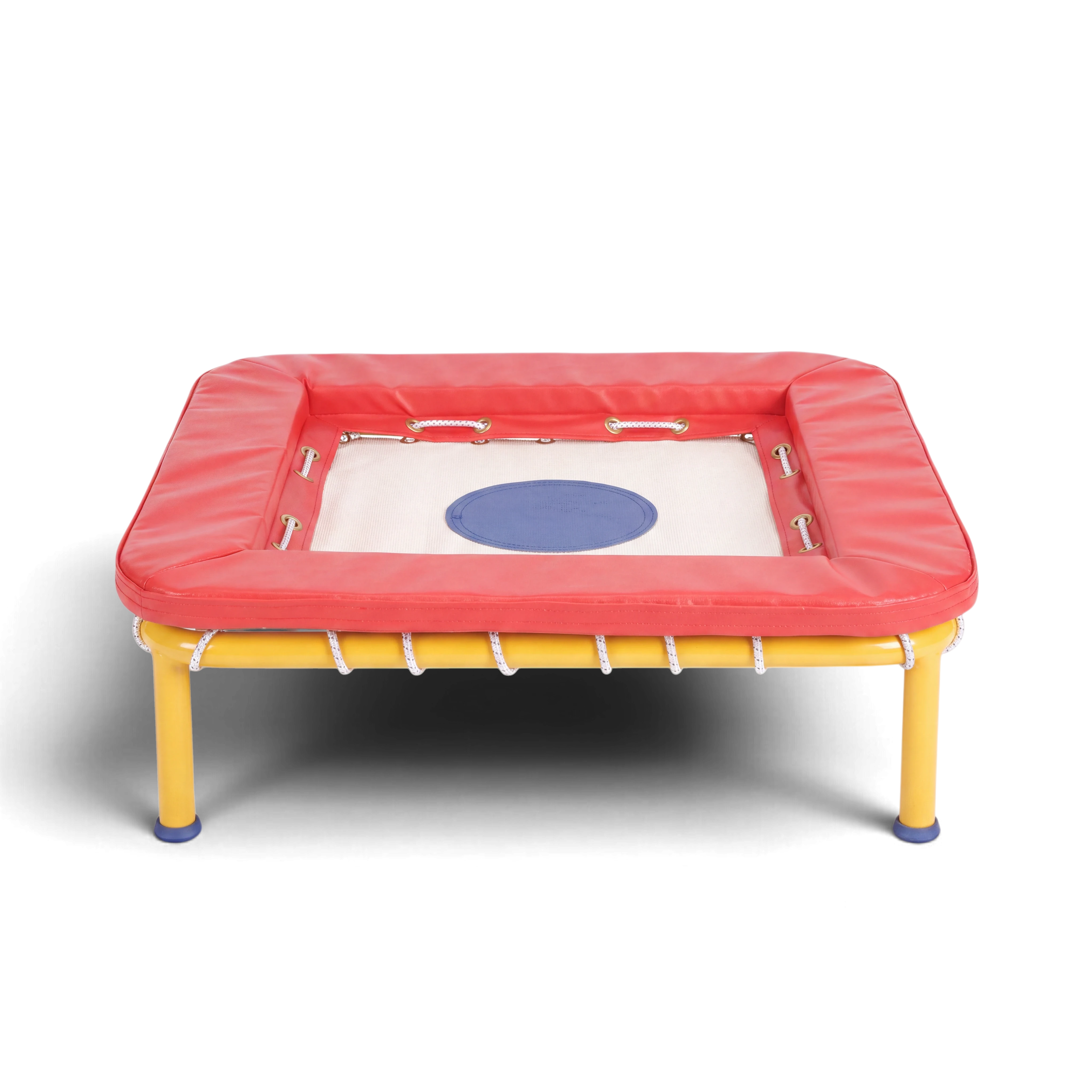 UK Gym Pits Activ Bounce mini trampette with a yellow steel frame, red foam padding, and a white jumping bed.