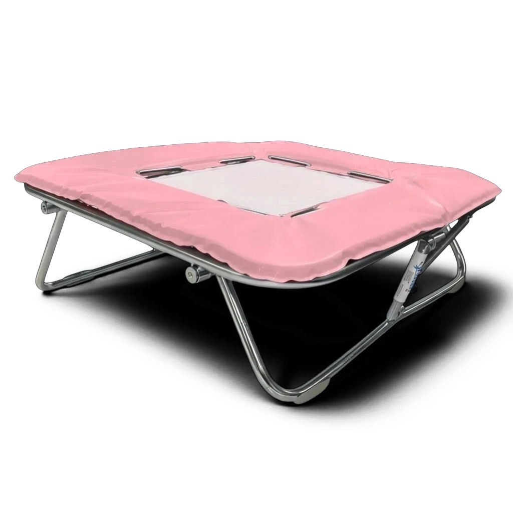 UK Gym Pits super mini trampoline with a solid super-mesh bed and pink protective frame pads on a zinc plated frame.