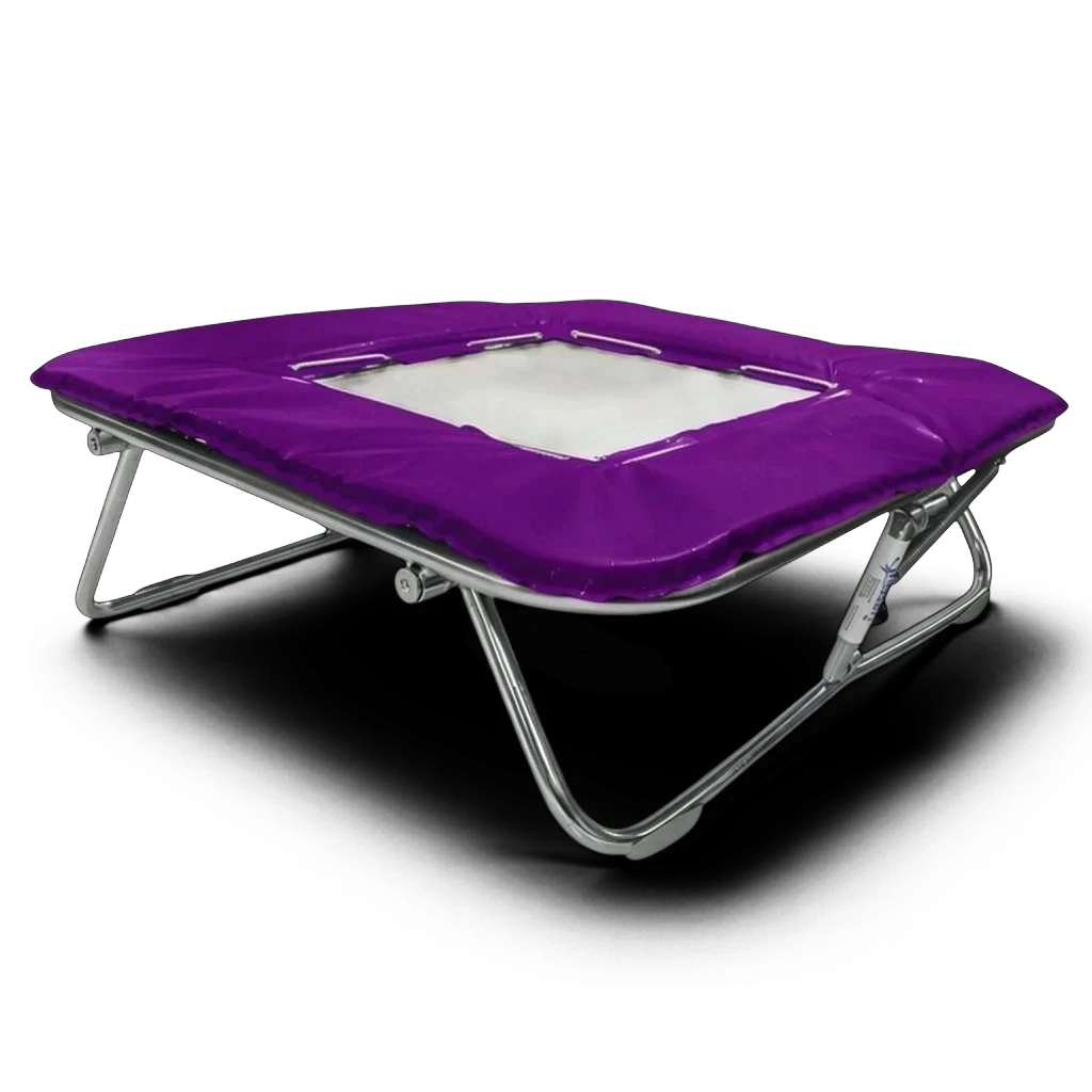 UK Gym Pits super mini trampoline with a white solid super-mesh bed and purple protective frame padding