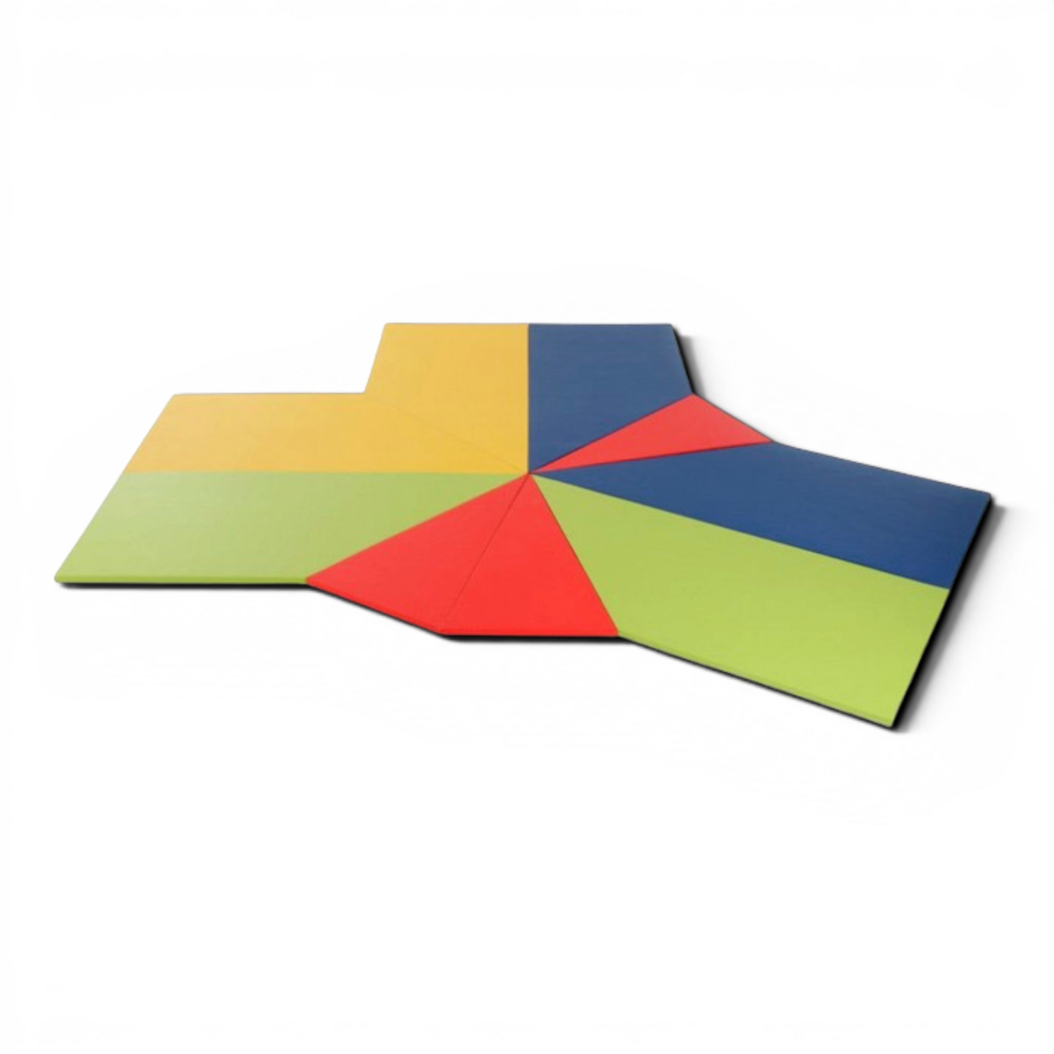 UK Gym Pits gym centre mat set featuring modular red, blue, yellow, and green foam floor mats for primary schools.