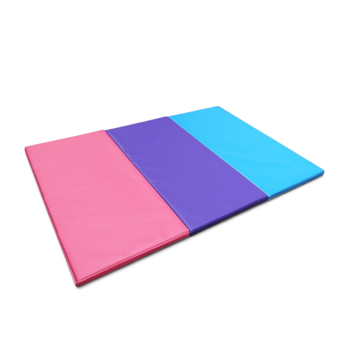 UK Gym Pits modular gymnastics mat panels in pink, purple, and blue vinyl connected for tumbling training