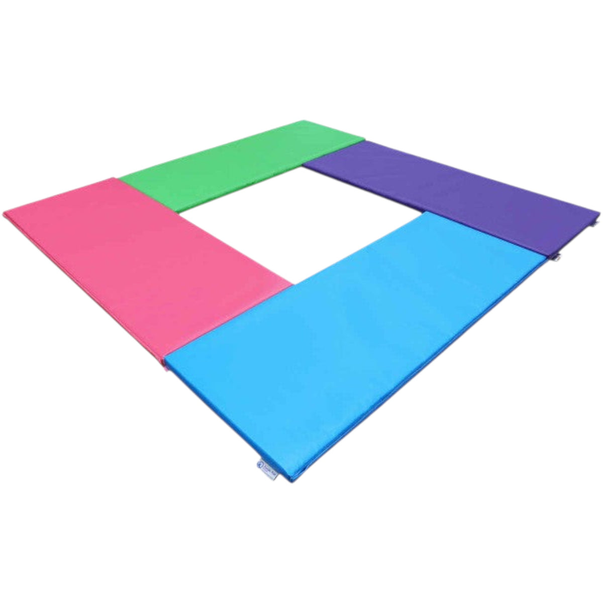 UK Gym Pits modular gymnastics build-a-mat system with four colourful vinyl panels connected in a square frame