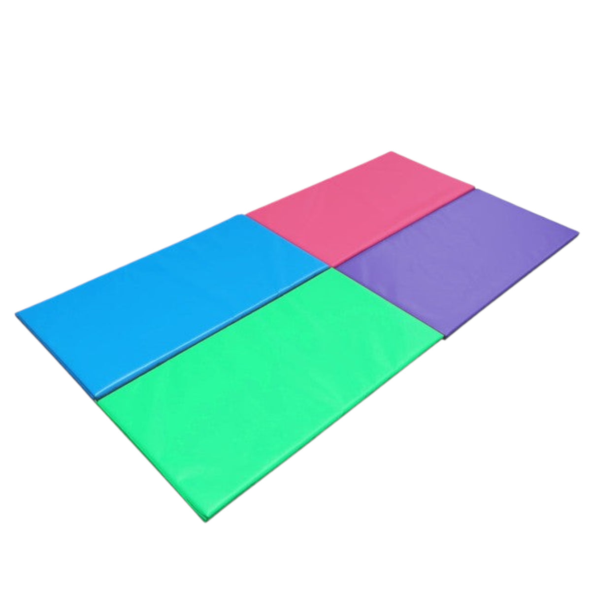 UK Gym Pits modular gymnastics build-a-mat panels in pink, blue, purple, and green vinyl for tumbling and training.