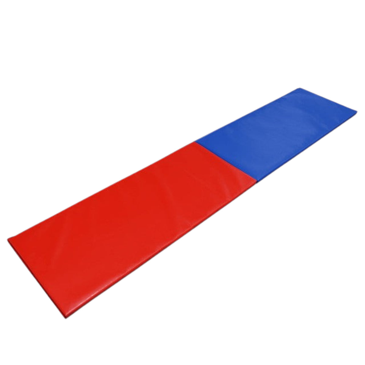 UK Gym Pits modular gymnastics mat featuring one red and one blue vinyl panel connected for tumbling practice