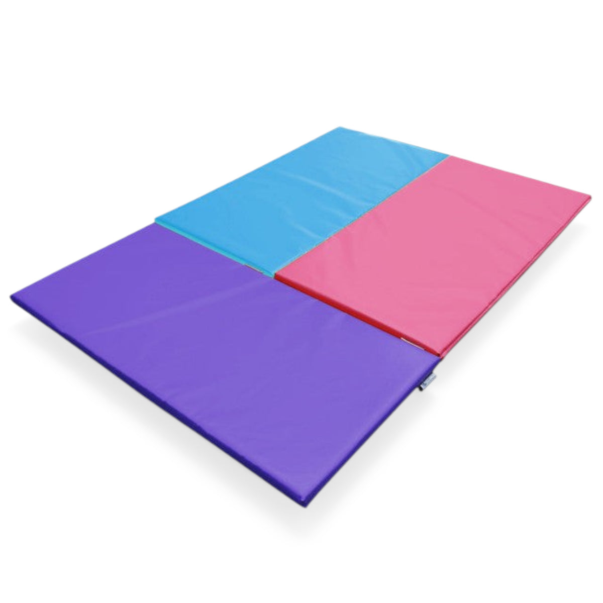 UK Gym Pits modular gymnastics mat panels in purple, pink, and blue vinyl connected for tumbling training