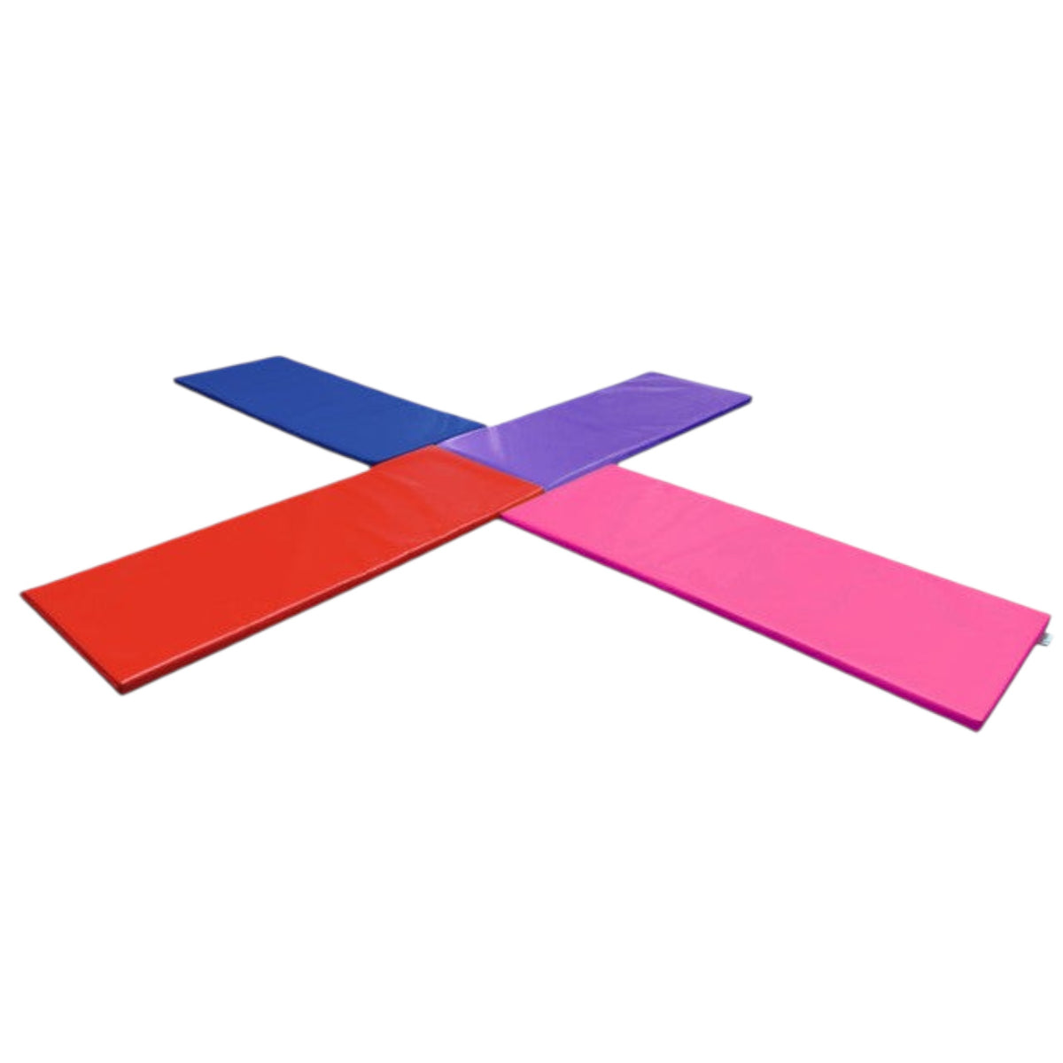 UK Gym Pits modular gymnastics mats in red, blue, purple, and pink connected in a cross shape on a white background.