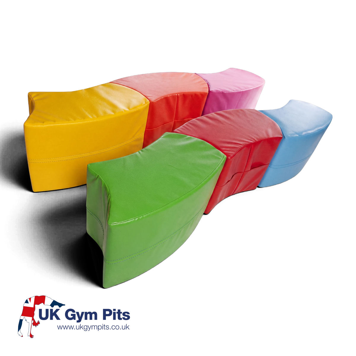 UK Gym Pits multi-coloured modular snake seating sections made of soft, easy-to-clean PVC foam for children's play.
