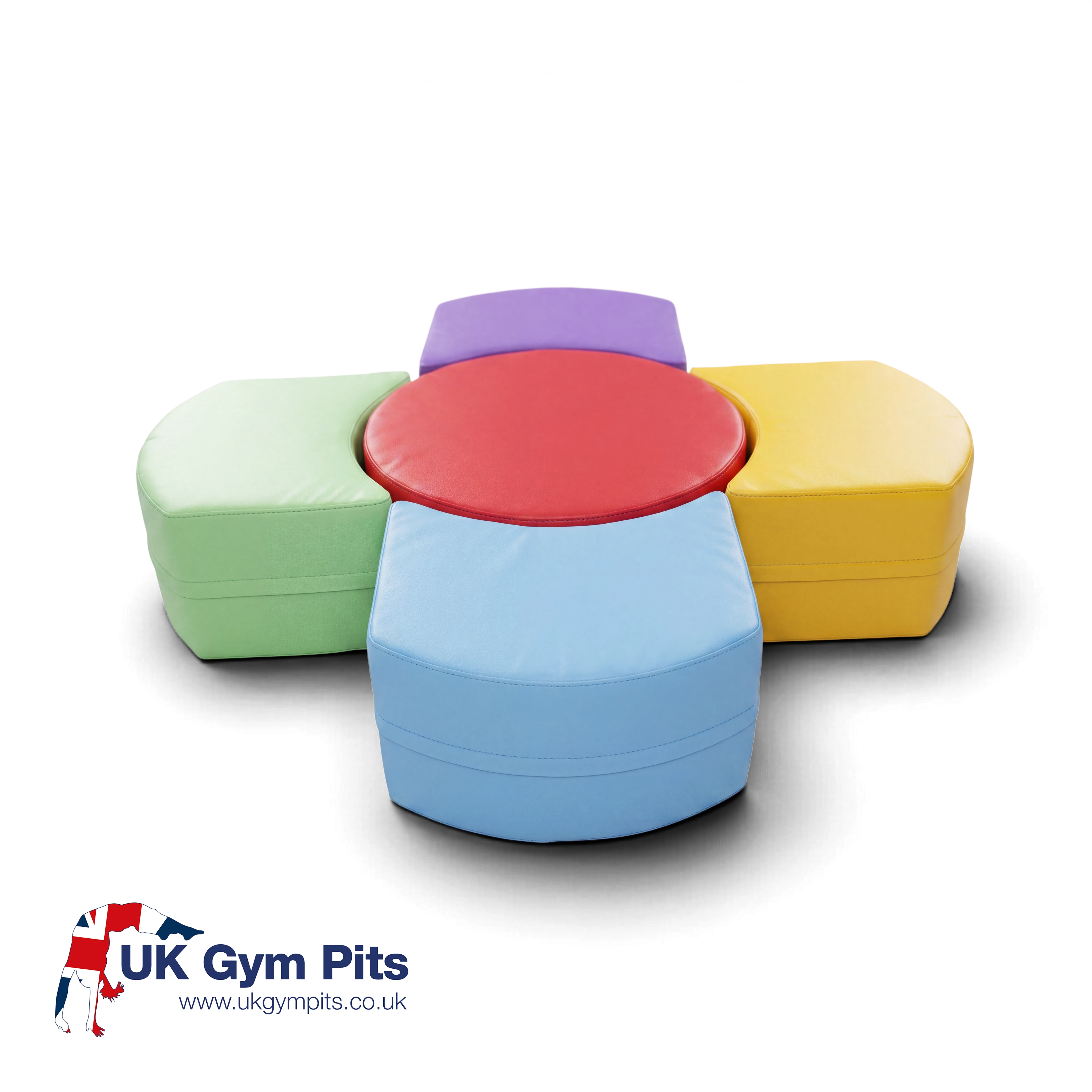 UK Gym Pits modular soft play seating pod set with a central red pod and four colourful vinyl seats for children.