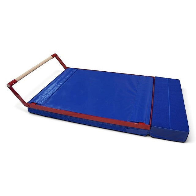 UK Gym Pits Mountain Bar base kit extension block in blue vinyl, adding 30cm of length for gymnastics training.