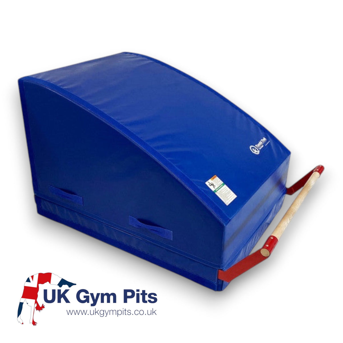UK Gym Pits gymnastics mountain bar system with a blue sloping mat and wooden rail for bar training drills