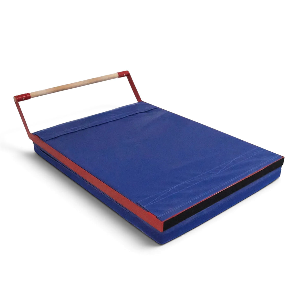 UK Gym Pits mountain bar system with a beech wood rail, red steel frame, and blue foam mat for gymnastics training.
