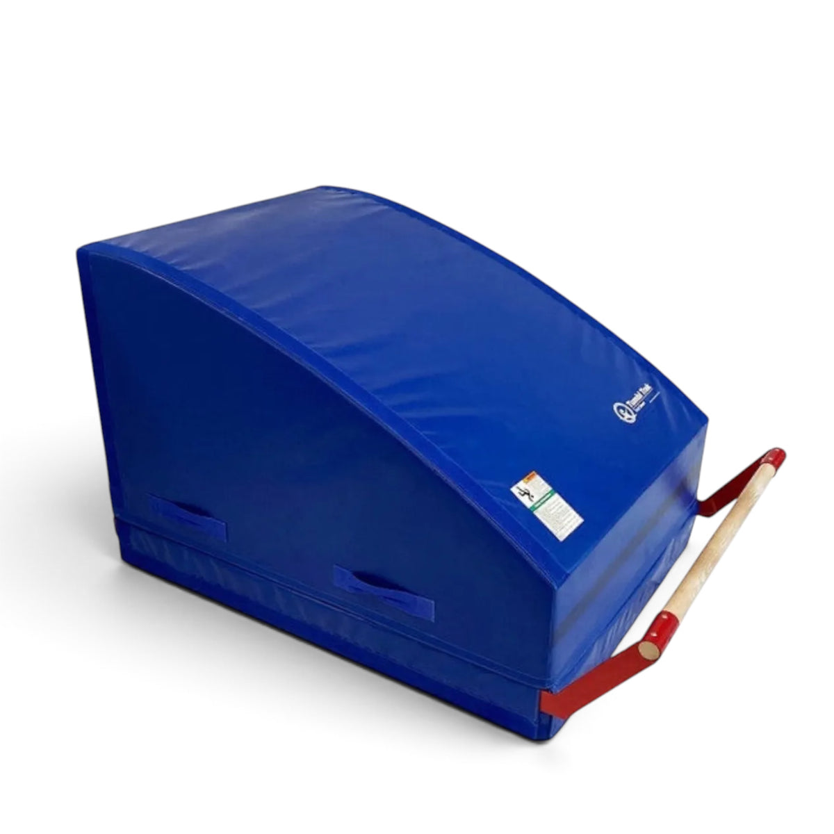 UK Gym Pits blue gymnastics mountain bar system with a beech wood rail and sloping foam mat for bar training drills.