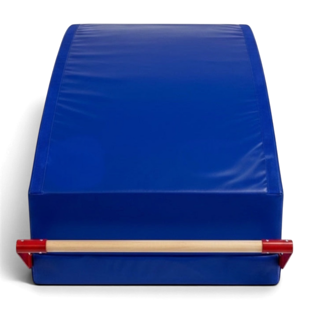 UK Gym Pits mountain bar system featuring a blue sloping foam mat and a beech wood gymnastics rail on a steel frame.