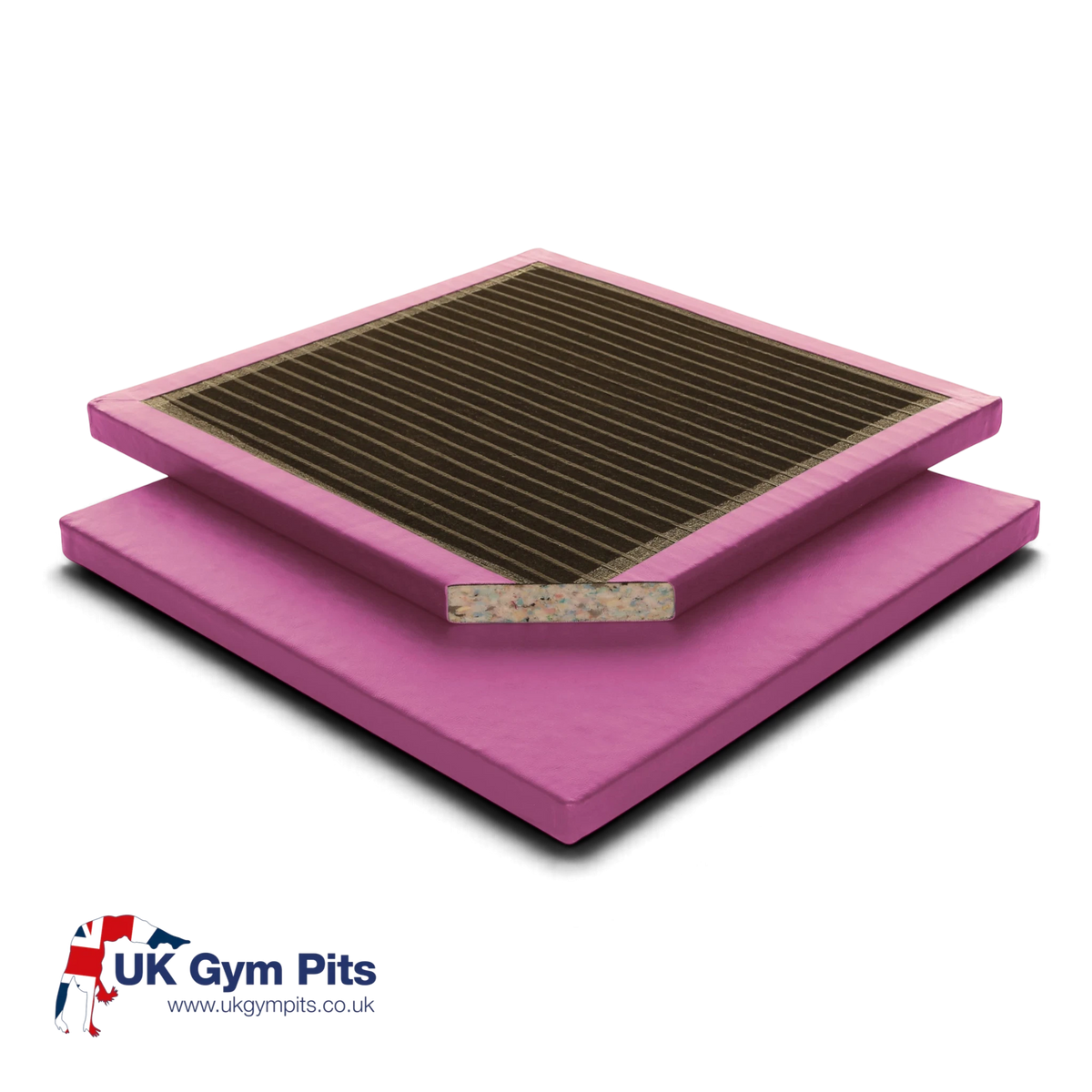 UK Gym Pits mulberry gymnastics mat with anti-slip base and visible chip foam core for schools and clubs