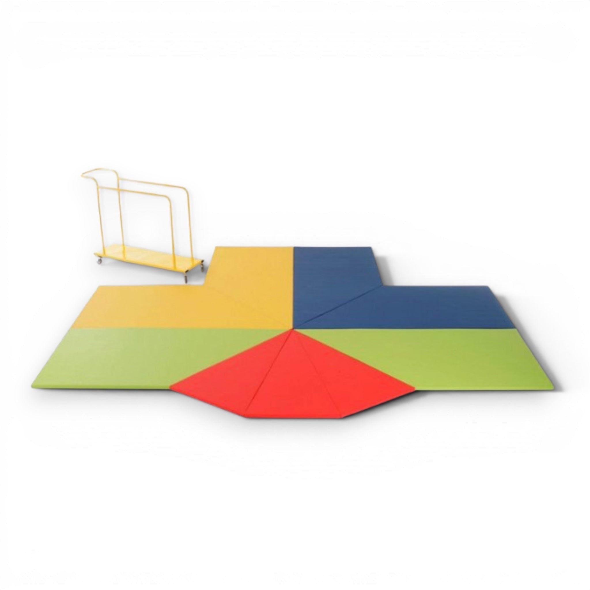 UK Gym Pits children's multi-colored play mat set with a yellow storage trolley on a white background.