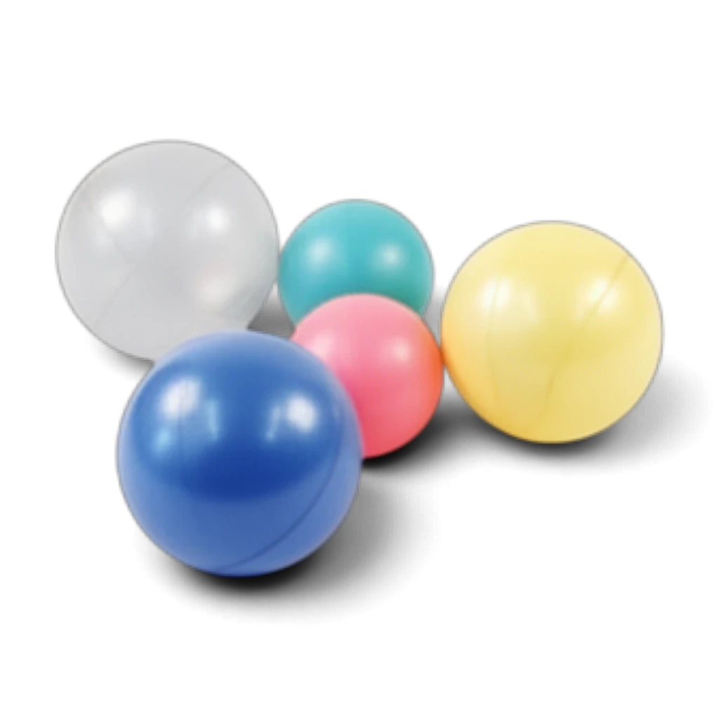 UK Gym Pits multi-coloured soft play balls for parachute activities including blue, yellow, pink, teal, and clear.