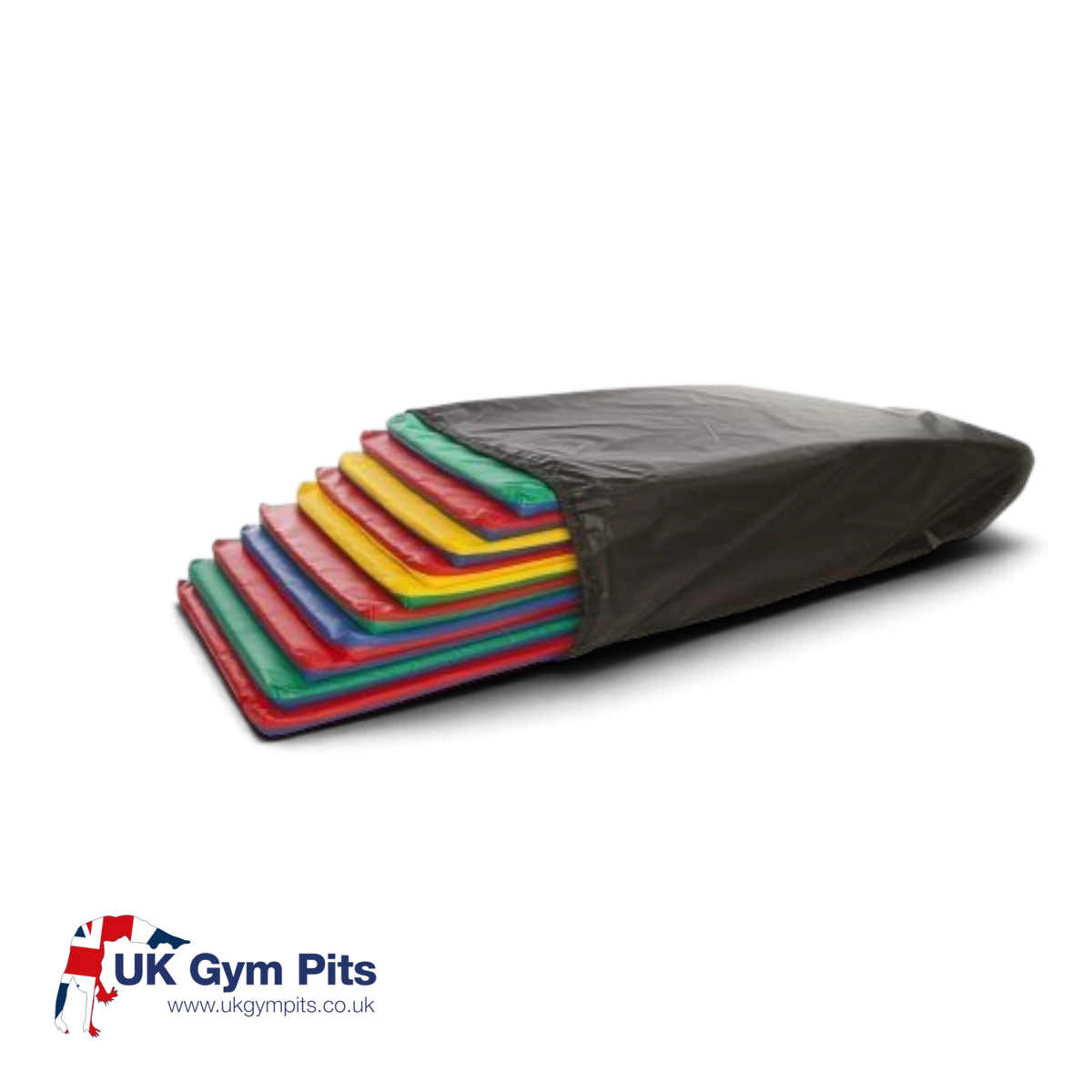 UK Gym Pits set of ten multi-coloured soft PVC sleeping mats stacked inside a black nylon storage bag