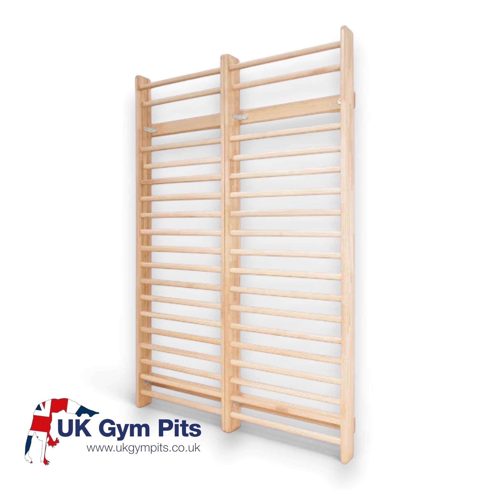 UK Gym Pits natural timber wall bars for gymnastics, featuring a clear varnish finish and durable wall-mounted design.